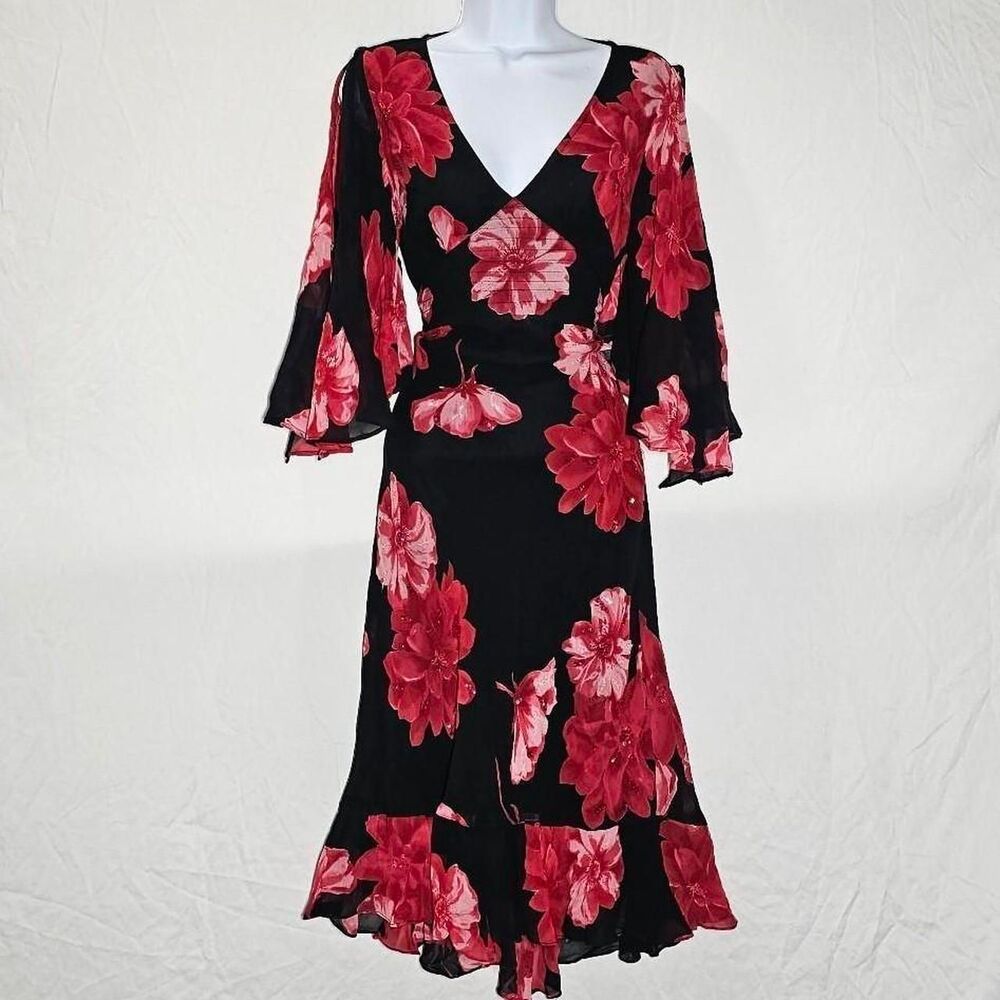 vintage y2k 90s red black floral rose bell sleeve valentines day dress